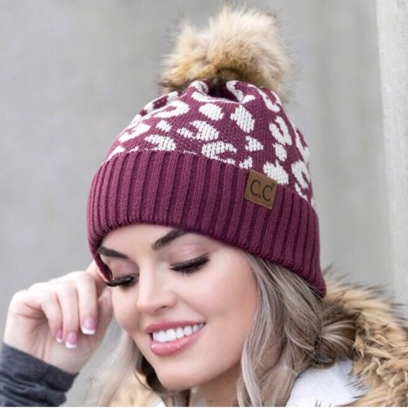 LLK Accessories - Burgundy C.C leopard furry pom hat women’s winter warm cozy beanie hat